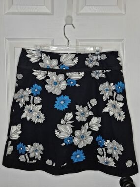 NWOT Mikk Couture Cotton Floral A-Line Skirt Knee Length Black Teal White Size L